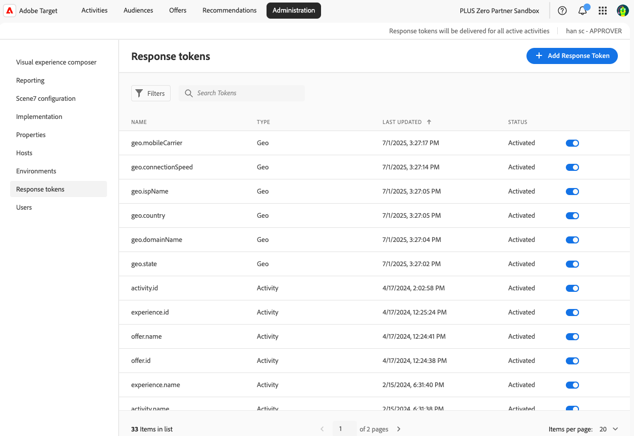 Adobe Target Administration Response Tokens